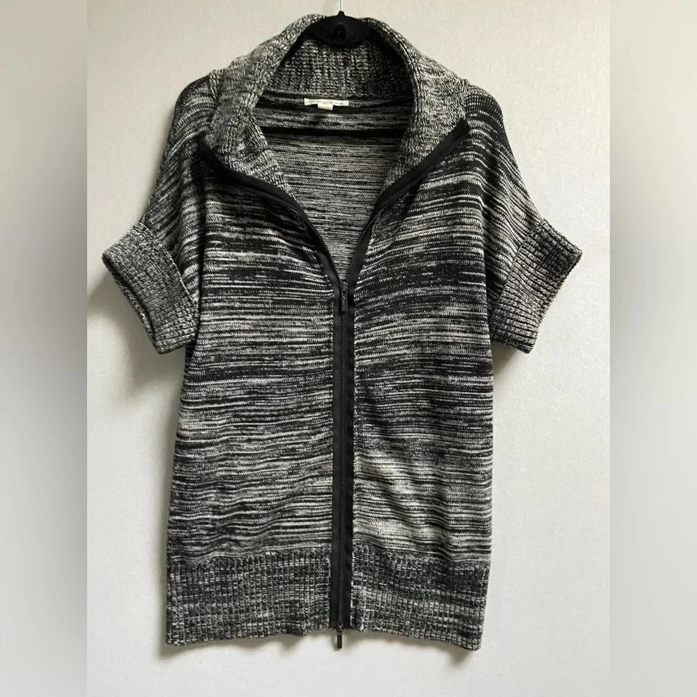 Kenneth Cole Black White Short Sleeve Cotton Knit Zipper Cardigan Sz S